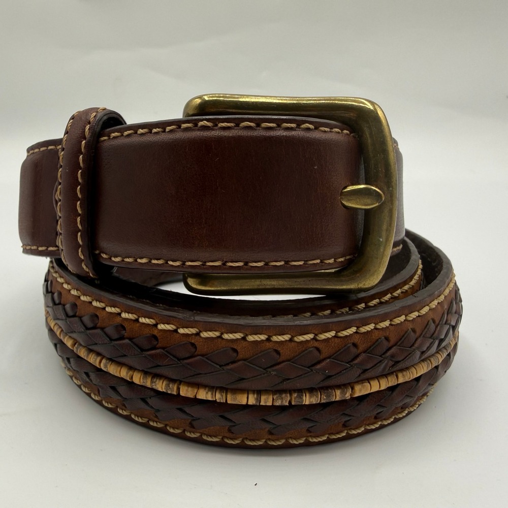 Orvis Brown Leather Braided Belt Wood Bead Inlay Brass Buckle Rugged Mens 40